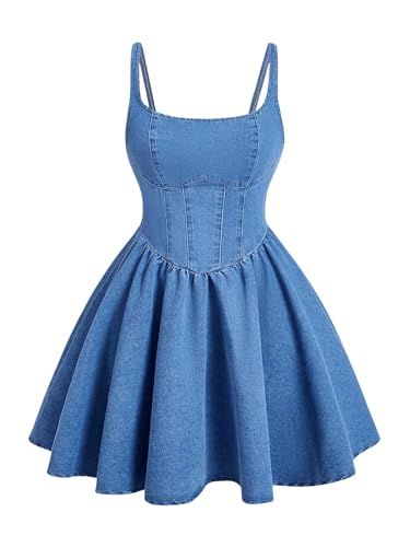 WDIRARA Women's Casual Square Neck Denim Dress Ruffle Hem A Line Mini Dress