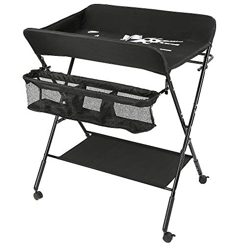 Belfoyer Cambiador plegable para bebé, con ruedas y cambiador, con diseño de jirafa, altura ajustable, ahorra espacio y estable (negro)