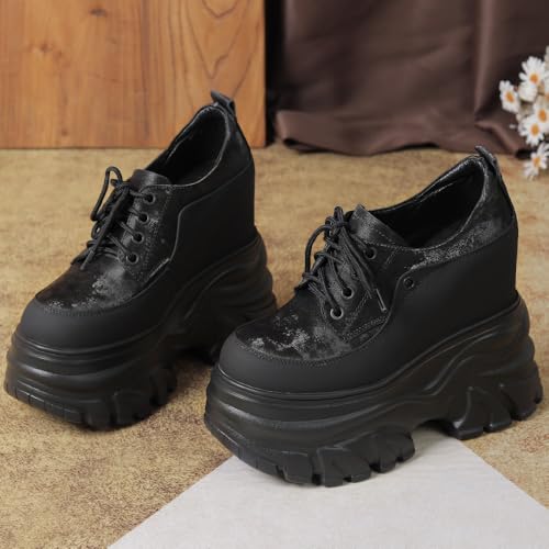 Women Spring Autmun Height Increasing Hidden Heel Platform Wedges Color Block Lace-Up Genuine Leather Silk Casual Shoes 506302