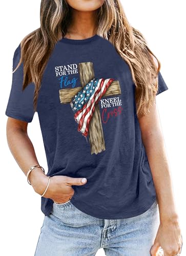 Image of Ithalt Christian Tshirt Womens 4th of July Shirt American Flag T Shirt USA Patriotic Tees Faith Short Sleeve Tops