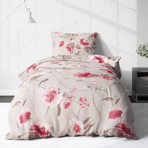 LINKHOFF Biber Bettwäsche 155x220 2tlg - Blumenbettwäsche Rosenmuster -...
