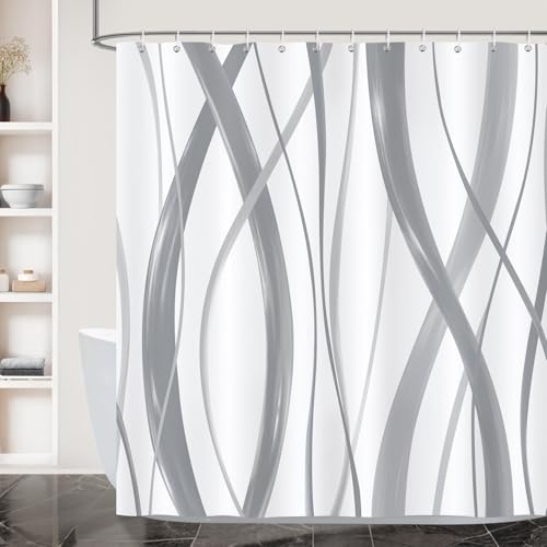 Bonhause Duschvorhang Grau Schwarz Gestreift Wellen Modern Abstrakt Duschvorhänge 180 x 180 cm Anti-Schimmel Wasserdicht Polyester Stoff Waschbar Bad Vorhäng für Badzimmer mit 12 Haken