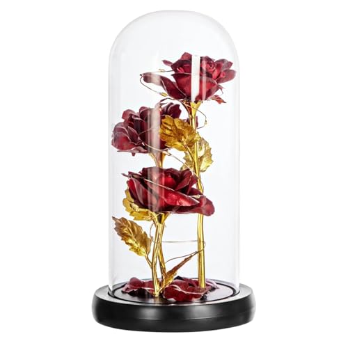 Dome Rose Light Up, presente de aniversário, dia das mães, dia dos namorados, esposa, mãe, operado por bateria, rosa vermelha, folhas douradas, rosa vermelha eterna com vidro, 21 cm de altura