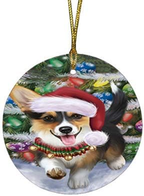 Christmas Express Delivery Red Truck Running Pembroke Welsh Corgi Dogs Round Flat Ornament - Pet Decorative Hanging Ornaments for Christmas X-mas Tree Decorations - 2.75" Round Christmas Ornament