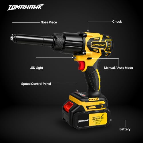 Image of Tomahawk TCR-4187 20V Cordless Riveter /Rivet Gun | 2100 LBF Pull Force | 0-500 RPM Variable Speed | Tool-Free Nose Change & LED | Dual 20V 3.0Ah Batteries | Automotive & Sheet-Metal Rivet Tool