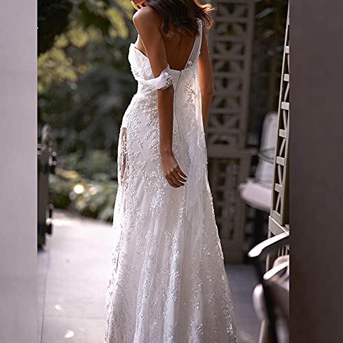 2021 Women Sleeveless Embroidery Wedding Dresses V Neck Sheer Mesh Bridal Gowns Sexy Lace Formal Bridal Dresses Elegant Maxi Dress White #TOP2