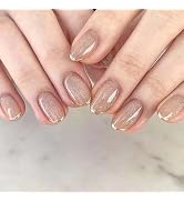 ORZOLATENT Champagne Gold Glitter French Tip Press-On Nails – 24 Glossy Short Round Nails, 12 Siz...
