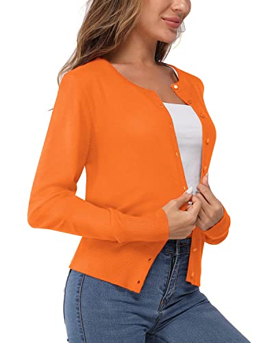 VOTEPRETTY Strickjacke Damen Leichte Cardigan Kurz Rundhals Strickjacken Langarm Strickmantel mit Knöpfe Orange