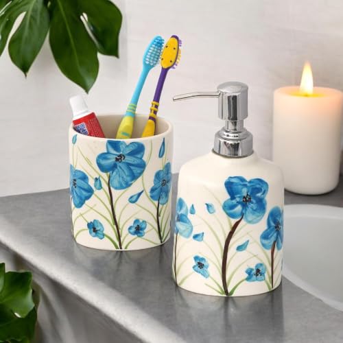 Image of Hand-Painted Ceramic Bathroom Accessories Set of 2 | 300ml Soap Dispenser & Toothbrush Holder | Rust-Proof Bathroom Organiser for Home & Wash Basin Decor | Blue Floral Design