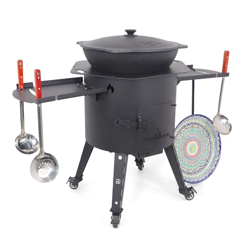 Gusseisen Kazan 16L mit Utschak Feuerofen Ø 44cm | Kasan-Set Runder Boden Deckel | Учаг Feuerschale Gulaschkanone | Wok Usbekisch Kochtopf (Eckige Ofenplatte)