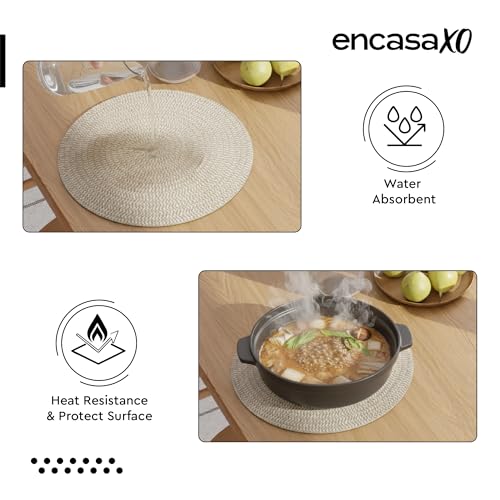 Image of Dining Table Mats Set of 2 | Cotton Table Mat 32 cm Diameter, Encasa XO Washable Round Table Mats, Heat Resistance Dining Table Placemats, Handmade Ribbed Style for Centre Table, Beige & Off White Mix