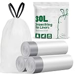 Yolaist Bin Bags 30L, 20um Strong Tall Kitchen Pedal Bin Liners, 45 Counts White 30L Bin Liners with Tie Handle, Thicken, Quick Dispense