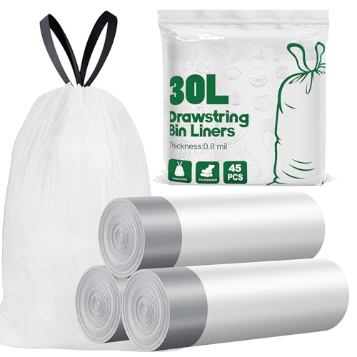 Yolaist Pre-Separated 30L Bin Liners - 20um Drawstring Bin Bags 45 Counts