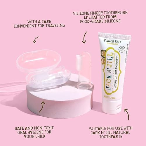 Image of Jack N' Jill Baby Silicone Finger Toothbrush, 1.76 fl oz Toothpaste | Flavor Free, Baby Toothbrush 6-12 Months, Infant Oral Care, Two Brushes Plus Case, Natural Toothpaste, No Artificial Dyes