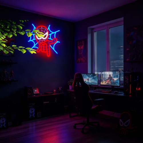 Image of Spider Neon Sign for Wall Decor Anime Neon Light for Man Cave USB Powered LED Spider Sign for Game Room Teens Bedroom Party Decor Birthday Gifts for Men Fans Comic Lovers Size 14.1 x 11.3 in(XD213)