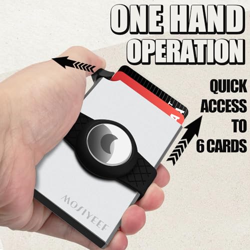 MOSIYEEF Card Holder with AirTag Holder - Pop Up Stealth Wallet RFID Blocking Slim Metal Card Case Holds 15 Cards and Notes (Silver)2