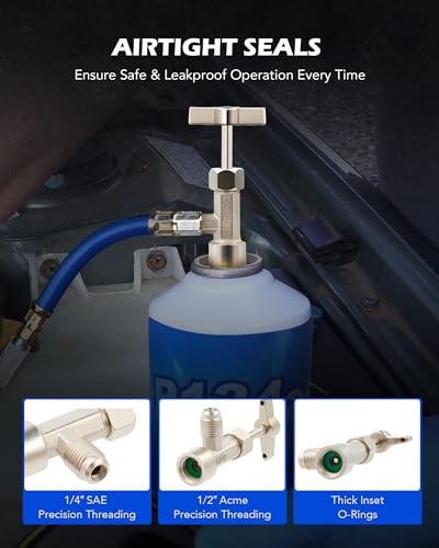 Image of Orion Motor Tech R134a Self Sealing Can Tap, Self-Sealing Can Opener for R134a Refrigerant Self-Sealing Cans, with Tank Adapter for 1 /4 inch and 1 /2 inch AC Charging Hoses for Refilling Automotive AC System