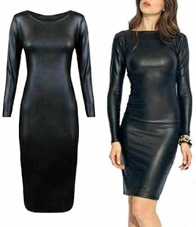 R&N FASHIONSDam våt look långärmad Pu dam bodycon midi fuskläder miniklänning – perfekt för alla tillfällen – enkel och snygg svart klänning, Svart, S/M - Amazon Deal & Rabatt