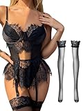 Lilosy Sexy Stocking Underwire Babydoll Lace Mesh Garter Lingerie Set with Panty 4 Piece Push Up Floral Eyelash Sheer Women Teddy Bodysuit Chemise See Through Bra Black Small