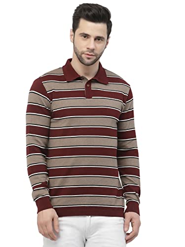 Image of Kalt Men Full Sleeve Multi Color Designer Striped Cotton Blend Polo T-Shirt with Collar Stylish