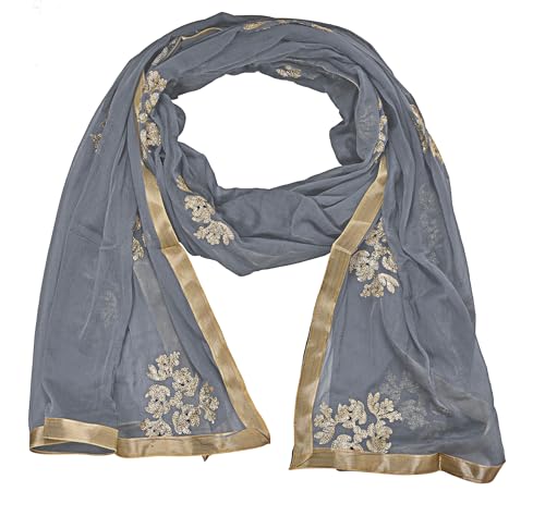 Image of Youthquake Golden Embroidered Work Chiffon Dupatta For Womens & Girls With 4 Side Gold Lace