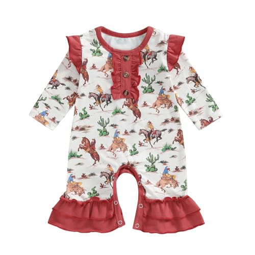 Doisbetthsay Baby Girl Romper Long Sleeve Western Cow Print Flared Jumpsuit For Newborn Infant Clothes Bodysuit Fall (Apricot, 3-6 Months)