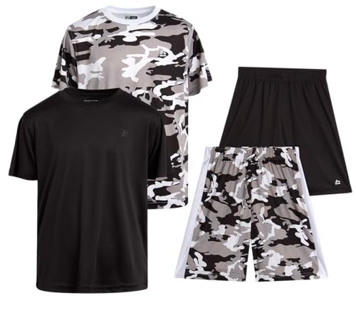 RBX Boys Athletic Shorts Set - 4 Piece Dry Fit Boys Short Sleeve Shirt & Basketball Shorts - Activewear Gym Short Size 10-12 Grey Camo/Black