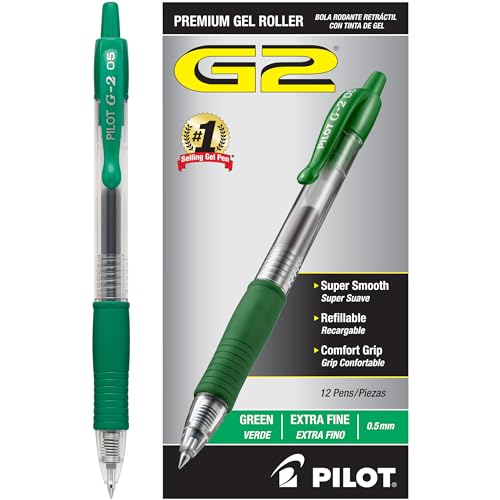 Image of Pilot G2 Retractable Premium Gel Ink Roller Ball Pens, Extra Fine Point, Green Ink, Dozen Box (31005)