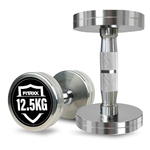 Image of Fitrxx Pair of chrome plated steel Fixed Weight Dumbbells - Gym equipment for home workout | Fitness Gym Dumbbell set for Muscles | stainless steel dumbles set | Dumbell Weights for Workout (Silver, 12.5 Kg Pair)