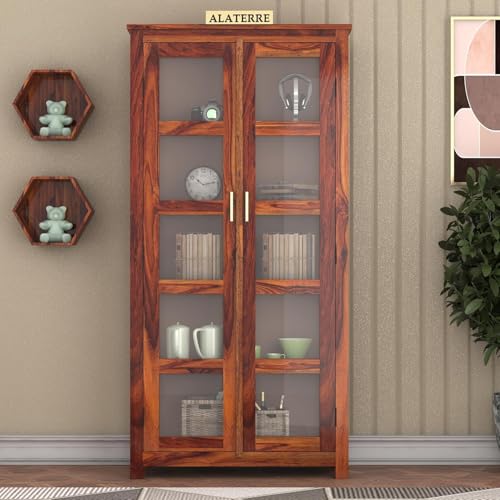 Image of Wood Book Shelf with Acrylic Glass Door, Wooden BookCases for Home Library, Crockery Units, Kitchen Cabinet, Study Room, Shelves, Home & Office, Honey Finish