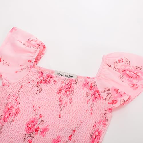 GRACE KARIN Girls Floral Dress Flutter Sleeve Square Neck Tiered Midi Dress Smocked Flared A-line Dress 5-14Y4