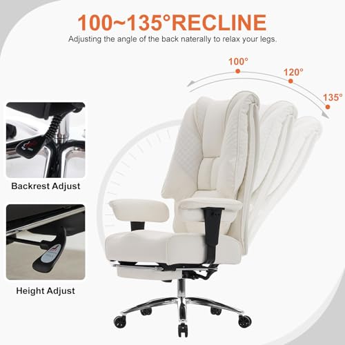 Image of EXCEBET Big and Tall Office Chair 400lbs Wide Seat, Leather High Back Executive Office Chairs with Foot Rest, Ergonomic Lumbar Support for Lower Back Pain Relief (White)