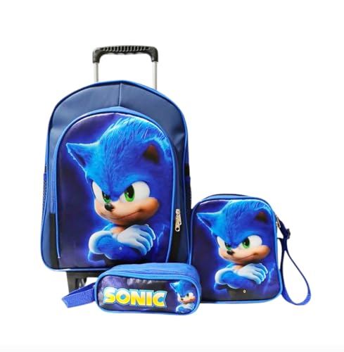 Kit Mochila Escolar Sonic com Rodinhas, Lancheira Térmica e Estojo, 40x30x20cm, Azul