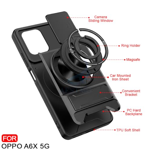 Image of AESTMO Oppo A6S / Oppo K14X / Oppo A6X 5G Back Cover | Armor Camera Slider 360 Degree Rotating Finger Ring Holder Case with Bracket Stand Back Case Cover (Compatible with MagSafe) Accessories (Black)