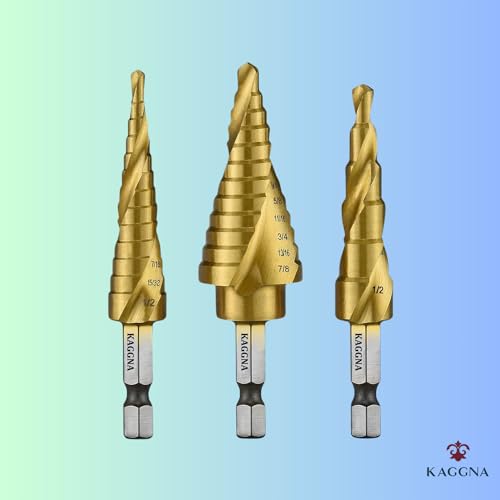 KAGGNA Step Drill Bit Set, Titanium Coated Drill Bits, 3 Pcs, Spiral Grooved for Faster Drilling, Step Bits for Stainless Steel, Metal, Wood, Plastic, Unibit Cone Drill Bits with 31 Step Sizes Total