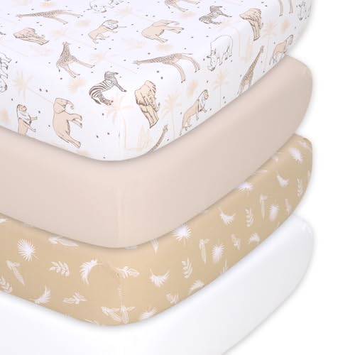 Image of The Peanutshell Baby Organic Bassinet Sheets 4-Pack Boy or Girl - Ultra Soft & Rectangle Baby Sheet, 100% Jersey Cotton, Fitted Covers for Crib, Halo Bassinet Mattress - Caramel Safari