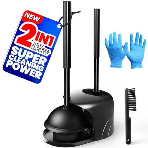 Denvlex 2 in 1 Toilet Brush and Plunger Set, Extended Handle Plunger,Toilet Bowl Brush Plunger Set,Gap Brush,Clean Gloves,Bathroom Cleaning Tools,Toilet Brush Plunger Combo,Black(20inch)