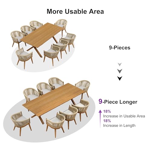 Image of PURPLE LEAF 9 Piece Longer Outdoor Dining Set with Patio Aluminium Dining Table and Wicker Chairs Modern Furniture Cushions Sets for Backyard Indoor Decor Kitchen Teak