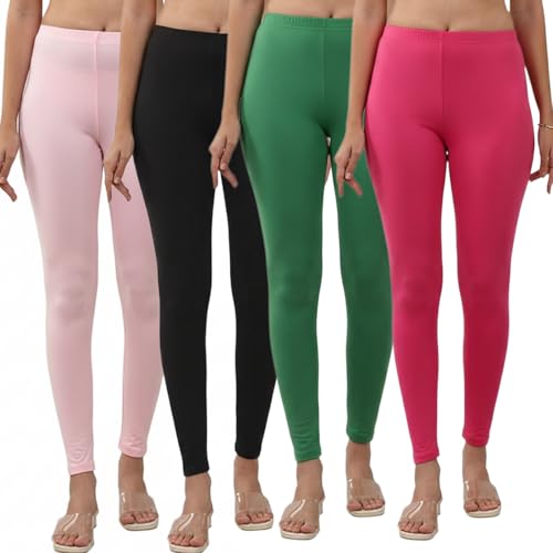 Image of Volex Women and Girls Full Length Leggings | Cotton Spandex /Elastane 4 Way Stretchable | Casual Slim fit Ultra Soft Leggings-Pack of 4