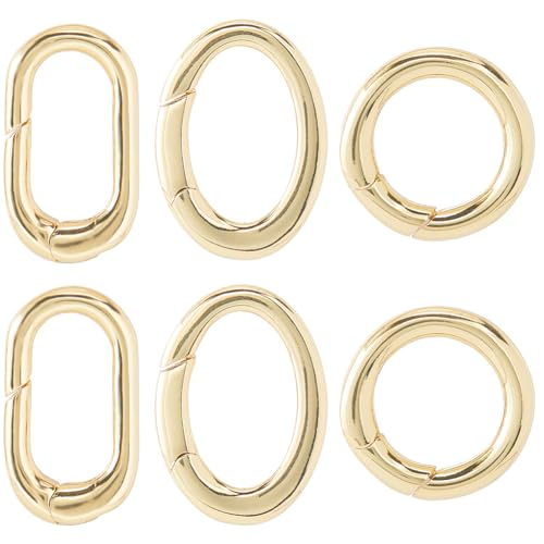 SUNNYCLUE 1 Box 6Pcs Real 18K Gold Plated Round Oval Clasp Spring Gate Rings Carabiner Key Ring Spring Clasp Rings Brass Spring O Rings for Jewellery Making Clasps Keyrings Buckle Bags DIY Craft