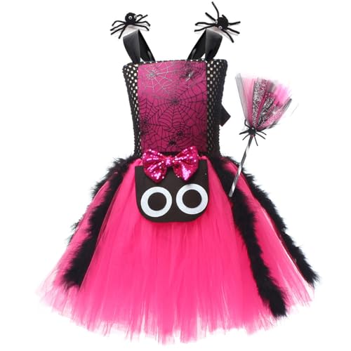 IBAKOM Girls Witch Costume Spider Ruffle Tulle Dress with 1 Pair Hair Clips and Broom Kids Spider Fancy Dress Up Outfit for Carnival Masquerade Party Pink 4-5Y