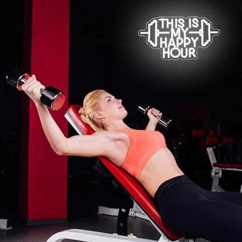 Image of This Is My Happy Hour Neon Sign for Wall Decor, Dimmable White Gym Neon light, Letter Fitness Led Signs for Sports Room, Party Bar,Fitness Club Wall Decor