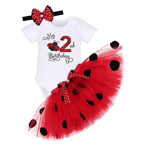 FYMNSI Conjunto de roupa de 3 peças para 1º/2º aniversário, disfarce de joaninha, macacão de manga curta saia tutu em tule com diadema fatos de casual para 1-2 anos, Vermelho - 2nd Birthday