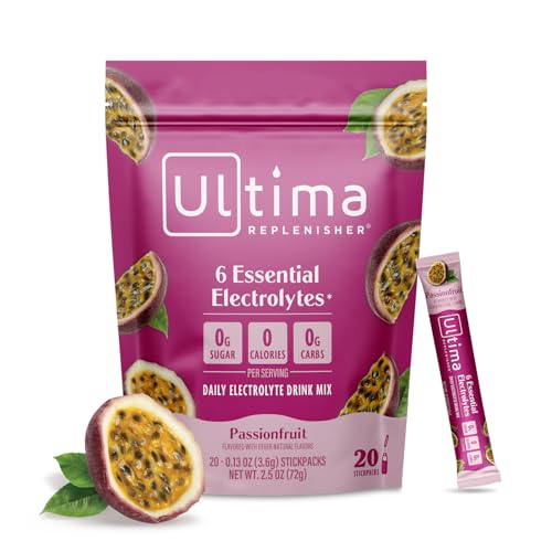 Image of Ultima Replenisher Daily Electrolyte Powder - Passionfruit, 20 Stickpacks - Zero Sugar Hydration Packets with 6 Electrolytes and Minerals - Sugar Free, Plant Based & Keto Friendly Drink Mix
