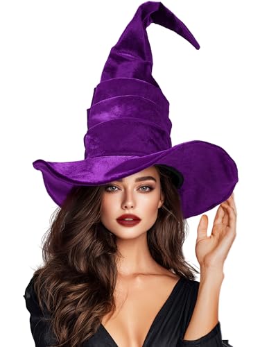 Ibeauti Witch Hat Women Large Ruched Halloween Witch Hat Costume Accessory for Party (Purple Velvet)