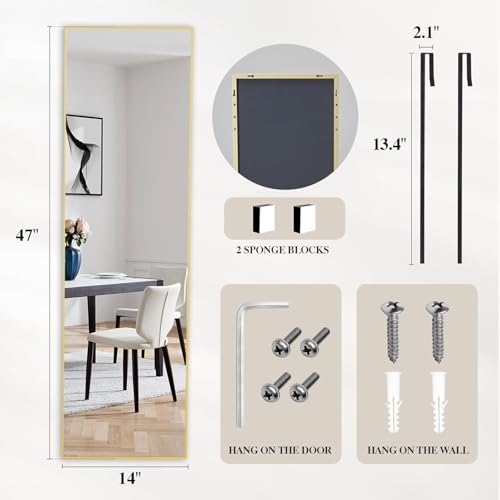 Image of Alpen Full Length Mirror - Over The Door Hanging, 47x14 Inches Hanging Door Mirror Full Body, No Drill Installation, Suitable for Bedroom & Closet, Gold
