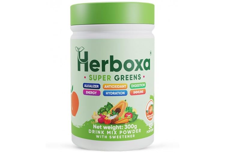 Herboxa SUPER GREENS Complément alimentaire en poudre avec racine de chicorée zinc et chrome saveur pêche glacée 50 portions