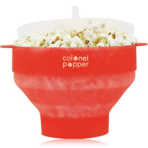 Colonel Popper Original Healthy Microwave Popcorn Maker - LFGB Food Grade Certified BPA Free Popcorn Poppers (Transparent Red)