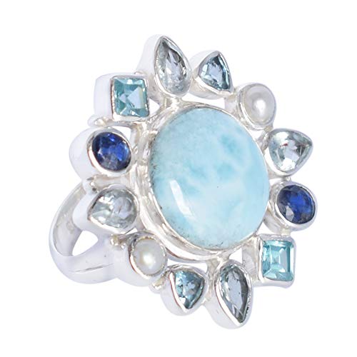 Anillo de Larimar azul plata 925 maciza y topacio suizo exclusivo