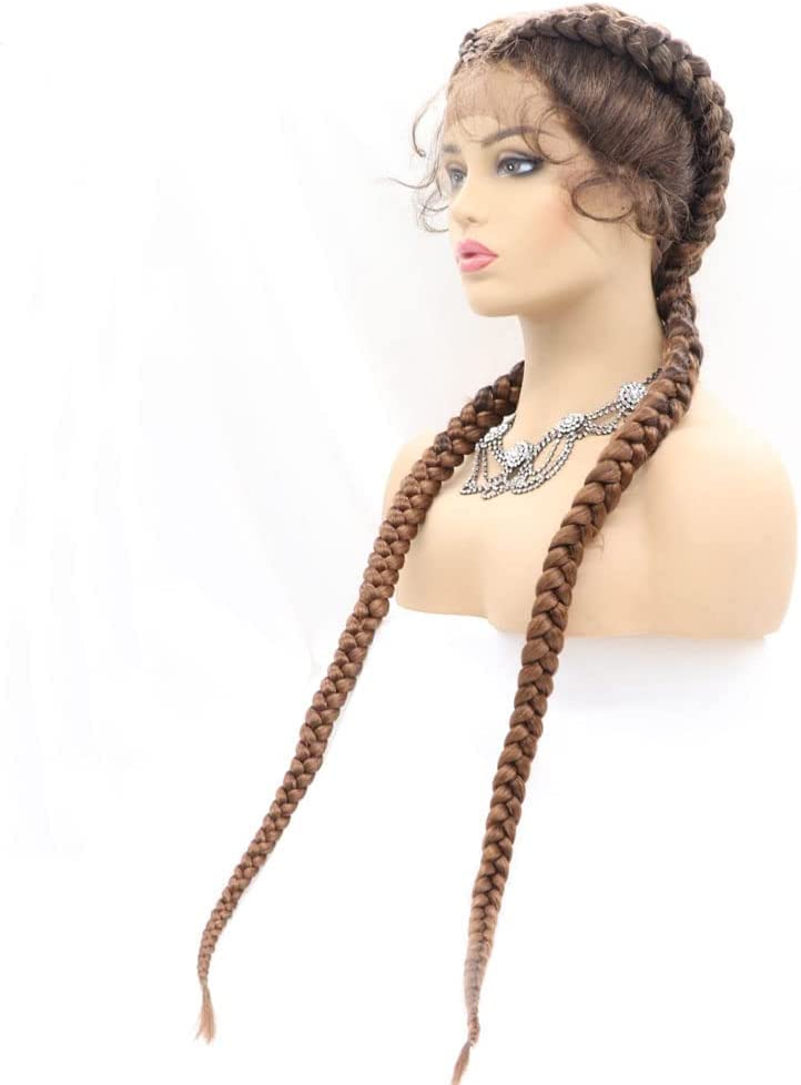 Xiweiya 32" Braided Copper Brown Lace Braid Wig 2 Double Twist Braided Add Human hand Crochet Golden Brown Lightweight Synthetic Hair Wig Natural Hairline for Black Women - Image 2